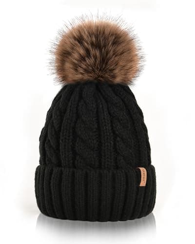 Image of FURTALK Winter Hat for Women Warm Fleece Lined Double Layer Bobble Hat with Detachable Pom Pom Twisted Knit Design, Black