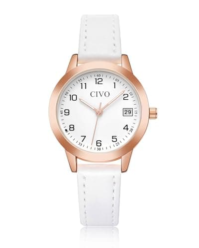 Image of CIVO Ladies Watches Leather White: Analogue Date Waterproof Watches for Women - Stylish Gifts for Birthday Valentine's Day and Anniversaries