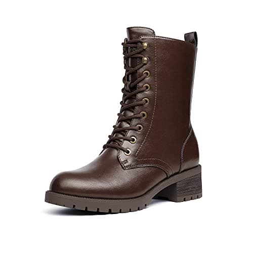 Image of DREAM PAIRS Women's Stylish and Cool Combat Boots Lace-up Fashion Biker Boots Waterproof Mid Calf Military Boots Comfortable Winter Ankle Booties with Zipper,Size 5.5,Brown Pu,DMB214