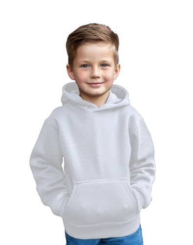 Image of Aykiz Kids Boys Girls Plain Pullover Hoodie, Sweatshirt, Fleece Hooded Jumper, PE School Jumper, Warm Coats Long Sleeve Top New Casual Fashion For Childrens Unisex Age 3-13 Years White