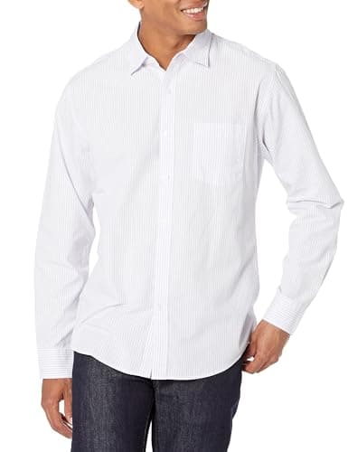 Image of Amazon Essentials Men's Regular-Fit Long-Sleeve Casual Poplin Shirt, Lavender White Vertical Stripes, XS