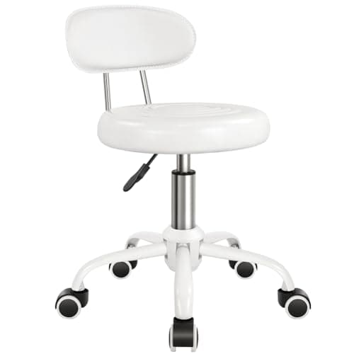 Image of WKWKER Rolling Stool with Wheels Swivel Stool with Back Height Adjustable Chair PU Leather Ideal for SPA Salon Home Office Drafting Work (WHITE)