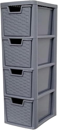 Image of Khanary A5 Plastic Storage 4 Drawer Rattan-style Medium Drawer Unit Portable Adjustable Organizer Stationery Jewelry Cosmetics Multi-Purpose -Home Kitchen Office 62(H) x 25(D) x 19(W) cm-Grey