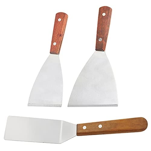 Image of Mousyee Griddle Spatula Set, Heavy Duty Wood Handle Teppanyaki Spatulas Stainless Steel Barbecue Spatulas Cooking Turner and Scraper Flat Spatula for Barbecue Kitchen, 3 Pcs