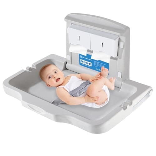 Image of KSITEX Baby Changing Table Wall Mounted,Baby Changing Unit,Baby Changing Station with Safety Strap & Tissue Box,Horizontal Diaper Changing Table,Commercial Nappy Changing Table for Bathroom Restrooms