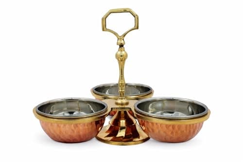 Image of RSK Goods Copper Pickle Holder Set with Stand (3 or 4 Bowls) with Spoons – Stainless Steel & Hammered Copper Condiment Server, Indian Chutney & Sauce Serving Set, Traditional Tableware (3 Bowls Set)