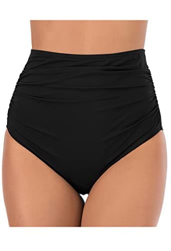 Image of Lovache Women's High Waisted Bikini Bottoms Solid Ruched Tummy Control Swim Briefs Black