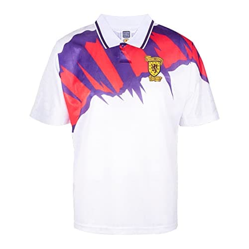 Image of Score Draw Scotland 1992 Away Retro Football Shirt White/Red/Purple XX-Large Polyester
