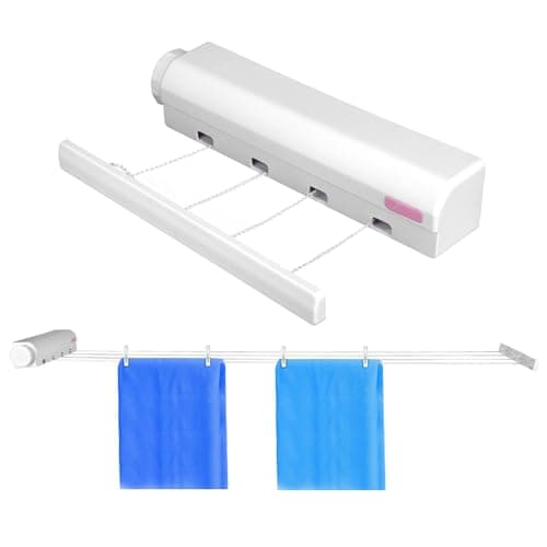 Image of Nikou Retractable Clothesline Drying Rack, 4 Line Pull Out Airer Clothesline Washing Line Extendable Wall Mounted Drying Rack Clothe Airer Garden Drying Rope for Indoor Outdoor Terraces Balconies