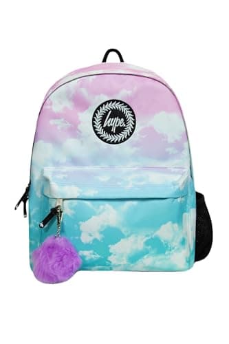 Image of hype Girls Backpack, Pink & Blue with Clouds, School Bag for Kids, Comfortable Rucksack with Bottle Holder, 3 Storage Compartments, Padded, Adjustable Straps & Grab Handle