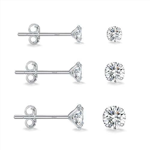 Image of 3 Pairs 925 Sterling Silver Earrings for Women, Hypoallergenic Cubic Zirconia Stud Earring Set, Comfortable Cartilage Sleeper Earrings for Women