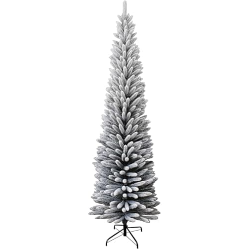 Image of Trimming Shop 6 FT / 1.8m Slim Artificial Snow Flocked Christmas Tree with 430 Pointed Tips – Frosted Pencil Tree with Metal Stand, Elegant PVC Pine for Indoor Holiday, Homes & Office Festive Décor