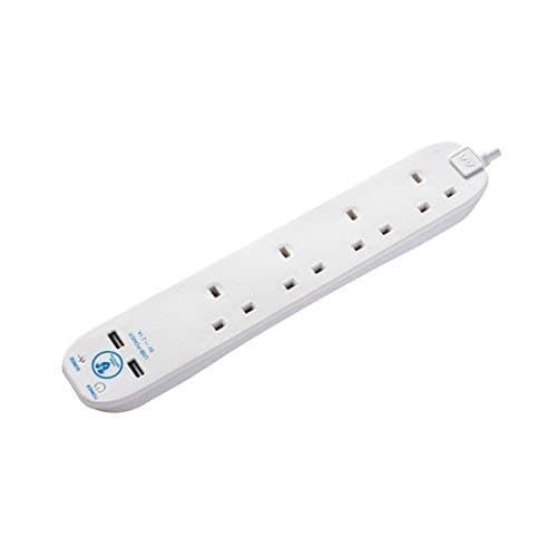Image of Masterplug Four Socket Surge Protected Extension Lead with Two USB Charging Ports, 2 Metres, White