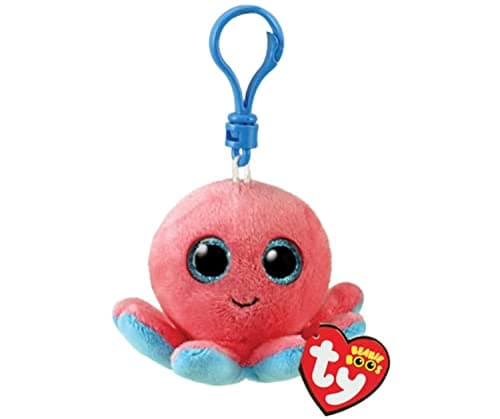 Image of Ty Toys Key Ring Beanie Boos Clips-Octopus-Sheldon-Red Coral Blue Eyes Glitter-The Plush with Big Sparkling-12 Cm-35255, Multicoloured, T35255, Multi-coloured