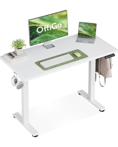 Image of OffiGo Standing Desk, 100cm Small Height Adjustable Desk with 3 Memory Heights, Electric Sit Stand Office Table for Home Office Workstations, Compact Computer Table for Small Spaces, White