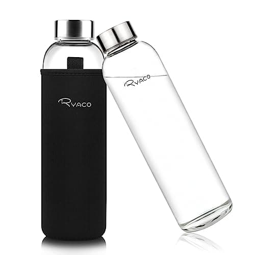 Image of RYACO Glass Water Bottle 1000ml/1L,Borosilicate Glass Bottle with Neoprene Protective Case for Hot Cold Drinks,BPA-Free Leak Proof,Sport Water Bottles with Sponge Brush,Dishwasher Safe