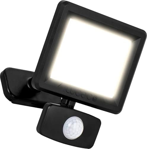 Image of Luceco Outdoor Security LED Floodlight with PIR Motion Sensor for Driveways, Walkways and Gardens, Fit & Tilt Multi-Positioning, Exterior Lighting, Essence, Black, IP65, 10W, 1050lm, 4000K, EFLD10B40P