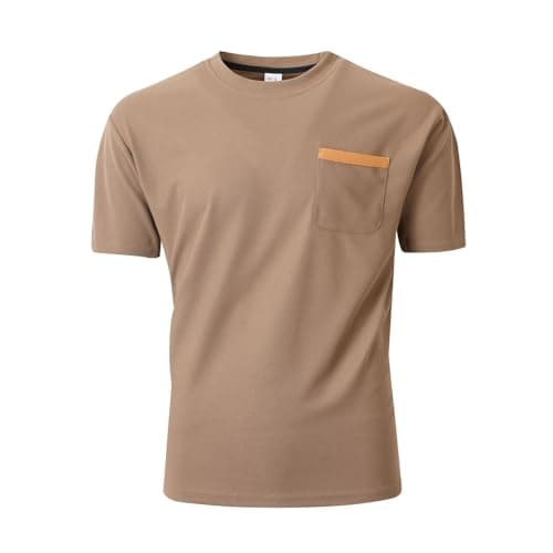Image of Men's Summer Fitness Tee Breathable Stretch Workout Top Casual Striped Round Neck Short Sleeve Comfortable T-Shirt (Khaki, M)