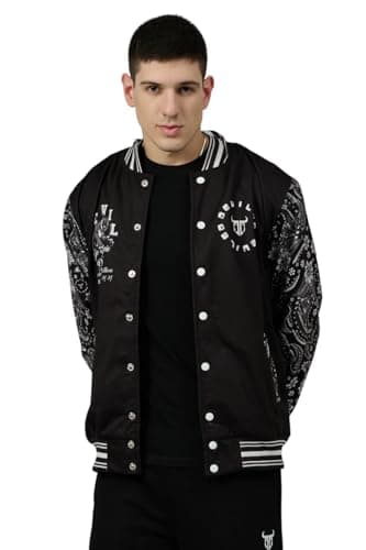 Image of Go Devil Men's Tiger Printed Varsity Bomber Jacket with Button Closure Comfortable Stylish Outerwear for College and Travel, Black, M