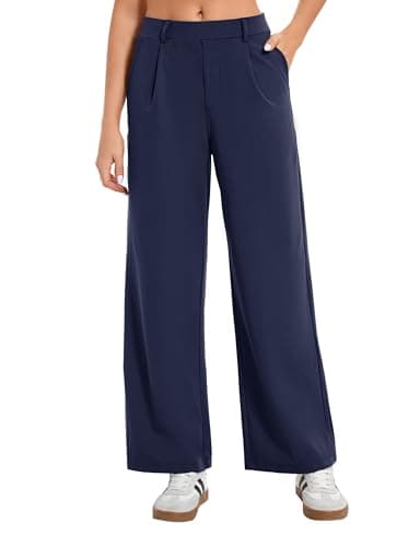Image of Oyamiki Women Palazzo Trousers Elegant Comfy Wide Leg Front Pleated Business Dress Pants Soft Fall Casual Trousers Navy Blue S