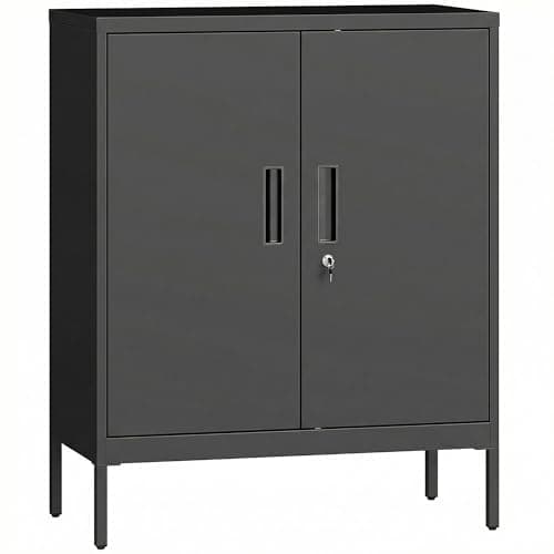 Image of HOMCOM Metal Storage Cabinet with Lock, Office Storage Cupboard with 2 Doors and 2 Adjustable Shelves, Lockable Filing Cabinet for Home Office, Garage, Black