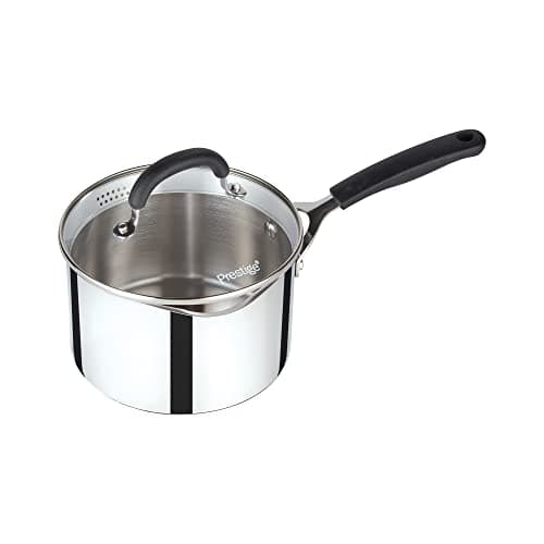 Image of Prestige Made To Last Stainless Steel Saucepan with Lid 18cm - Saucepan with Straining Lid, Measurement Guide & Easy Grip Silicone Handles, Induction Suitable, Dishwasher Safe Cookware