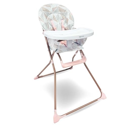 Image of My Babiie MBHC1 Compact Highchair – Ultra Lightweight (5kg), Foldable, Easy Clean, Padded Seat, Footrest, Tray Cup Holder, for Toddler, from 6 Months to 3 Years (15kg) – Rose Geometric