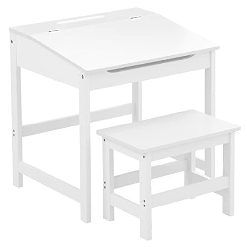 Image of Premier Housewares Kids Desk with Stool – Wooden Children’s Study Table with Storage Compartment, White