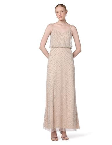 Image of Adrianna Papell Women's Art Deco Beaded Blouson Gown Dress, Silver/Nude, 4