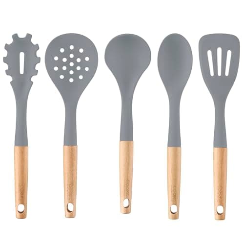 Image of Cooks Professional 5 Piece Silicone Utensil Set | Grey | Durable Kitchen Cooking Spoons, Ladle & Spatula Tools with Heat-Resistant Wooden Handles & Non-Toxic Heads | Gentle on Cookware