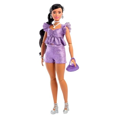 Image of Barbie Deluxe Style Doll #8 in Metallic Purple Top and Sparkly Shorts, Black Hair in Braid, Accessories like Pearly Jewelry and Handbag, JFP43