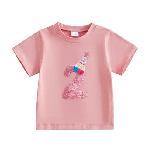 Image of MAHUAOYIXI Baby Girls Birthday Tops for Kids Girls T Shirt Short Sleeve Crewneck Number Embroidery Pullover Toddler Birthday Summer Clothes (Pink Two, 2-3 Years)
