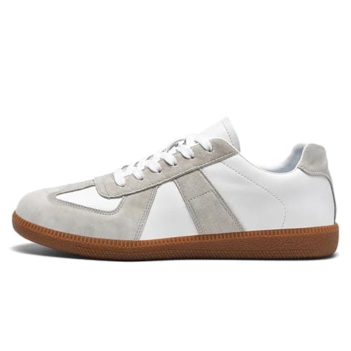 Image of ihinzry Fashion Sneakers Womens Tennis Shoes Genuine Leather Lace Up Casual Shoes Gum Sole Sneakers, White & Grey, 5.5 UK