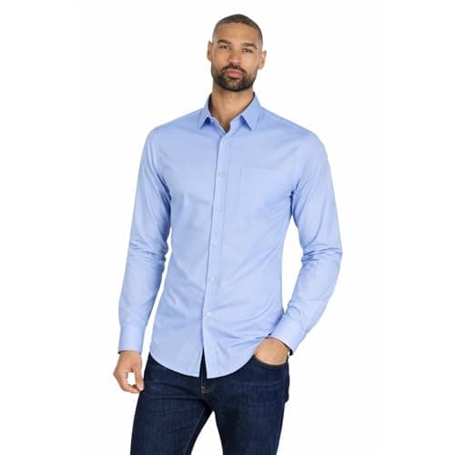 Image of Mens Long Sleeve Shirt Slim Fit Easy Iron Collared Button Up Poplin Smart Casual Business Wedding Office Shirt (Light Blue Slim, 15)