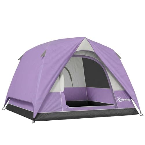 Image of Outsunny 3-4 Person Camping Tent, Easy Set Up 3-4 Man Tent w/Sewn-in Groundsheet, Waterproof Dome Tent w/Mesh Windows, Pocket and Hook for Camping, Hiking, Backpacking, Purple