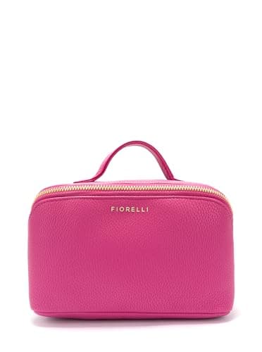 Image of Talia Double Compartment Cosmetic Bag, Flat Lay Makeup Bag, for Toiletries & Cosmetics, Faux Leather, Hot Pink