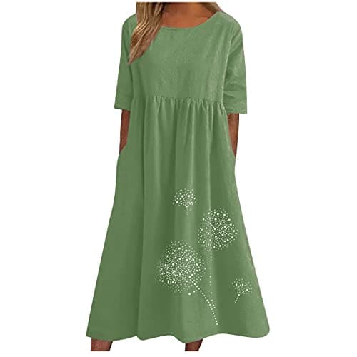 Image of Zeiayuas Cotton Linen Dresses for Women T Shirts Summer Midi Dress Short Sleeve Round Neck Long Dress Ladies Beach Loose Solid Color Casual Dresses UK Plus Size 8-22 Green
