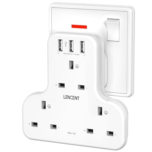 Image of LENCENT 3 Way Plug Extension with 3 USB Ports, Wall Socket Power Extender Adaptor for Household Appliances,iPhone, Smartphone Tablets, Ideal for Home Office Bedroom, 13A 3250W