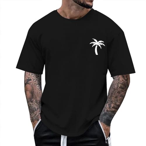 Image of Palm Tree Tshirt for Men 2026 Tropical Athletic Casual Loose Fit Tops Trendy Beach T Shirts Cute Short Sleeve Y2K Tee Shirts Going Out Hawaiian Tees Shirts Summer Black