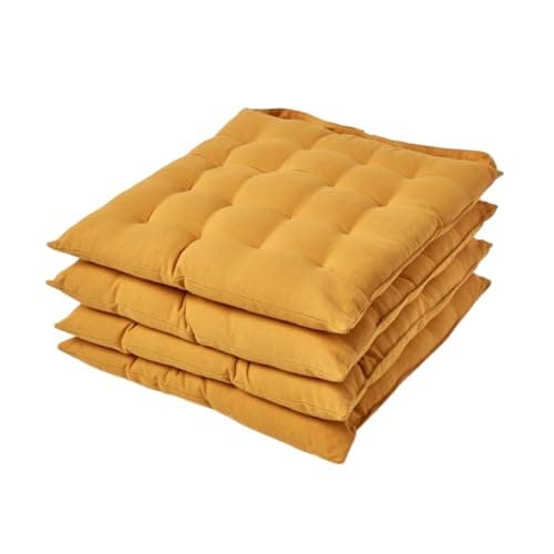 Image of HOMESCAPES Mustard Yellow Seat Pads for Dining Chair, Set of 4 100% Cotton Chair Pads with Straps, 40x40 cm