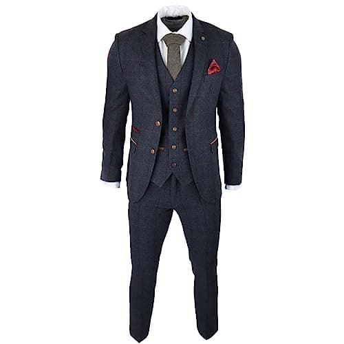 Image of Mens Herringbone Tweed 3 Piece Navy Red Check Suit Vintage 1920s Tailored Fit - Navy 34