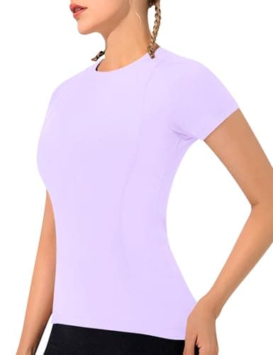 Image of IECCP Women's Short Sleeve T-Shirts Lightweight Gym Tops Moisture Wicking Shirt Quick Dry Athletic Tennis Tops Running Top Womens Sports Top Light Purple M