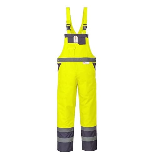 Image of Hi Vis Contrast Bib & Brace Waterproof Dungarees – Unisex Safety Workwear Trousers, Orange/Navy & Yellow/Navy, S-4XL