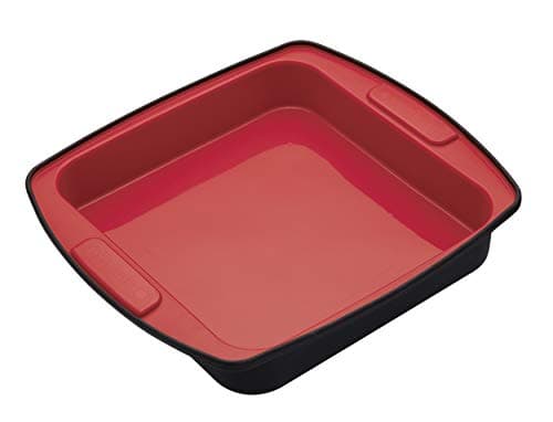 Image of MasterClass Smart Silicone Cake Mould / Roasting Tin, Square, LFGB Grade Silicone, 23cm (9 Inch), Red/Black