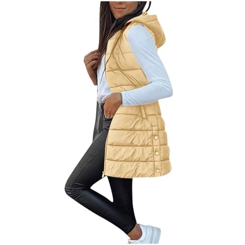 Image of Cocila Hooded Gilet for Women UK Puffer Vest Quilted Gilet 2025 NEW Outwear Vest Hooded Warm Winter Zip Up Lightweight Body Warmer Padded Stand Collar Sleeveless Outdoor Jacket Plus Size Yellow XXL