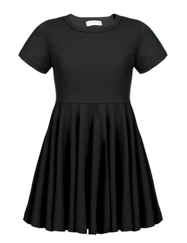 Image of trudge Girls Summer Swing Dress A-line Short-Sleeved Cotton Solid Color Princess T-Shirt Dresses Basic Fattern Skater Dress 12-13 Years Black