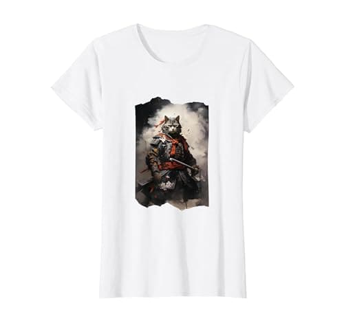 Image of Japanese Samurai Cat T-Shirt, Women, White, 3X-Large