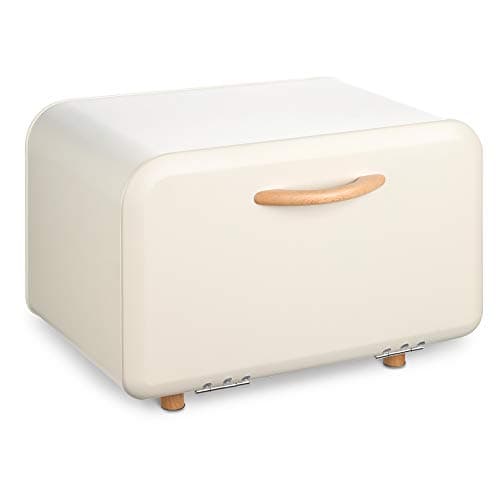 Image of Navaris Bread Bin - Metal Bread Box Storage Tin with Front Opening Drop Down Door for Kitchen Counter or Shelf - Bakery Storage Container - Cream