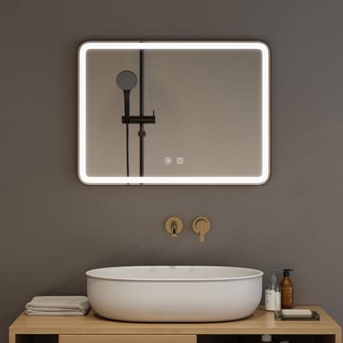Image of Warmiehomy Bathroom Mirror with LED Lights,60x80cm Rectangular LED Illuminated Bathroom Mirror with Dimmable Light Demister Pad Touch Switch,Black