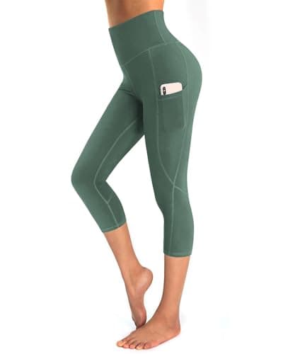 Image of OUGES Womens High Waist Yoga Pants with Pockets Capri Workout Running Cropped Leggings(Green,S)